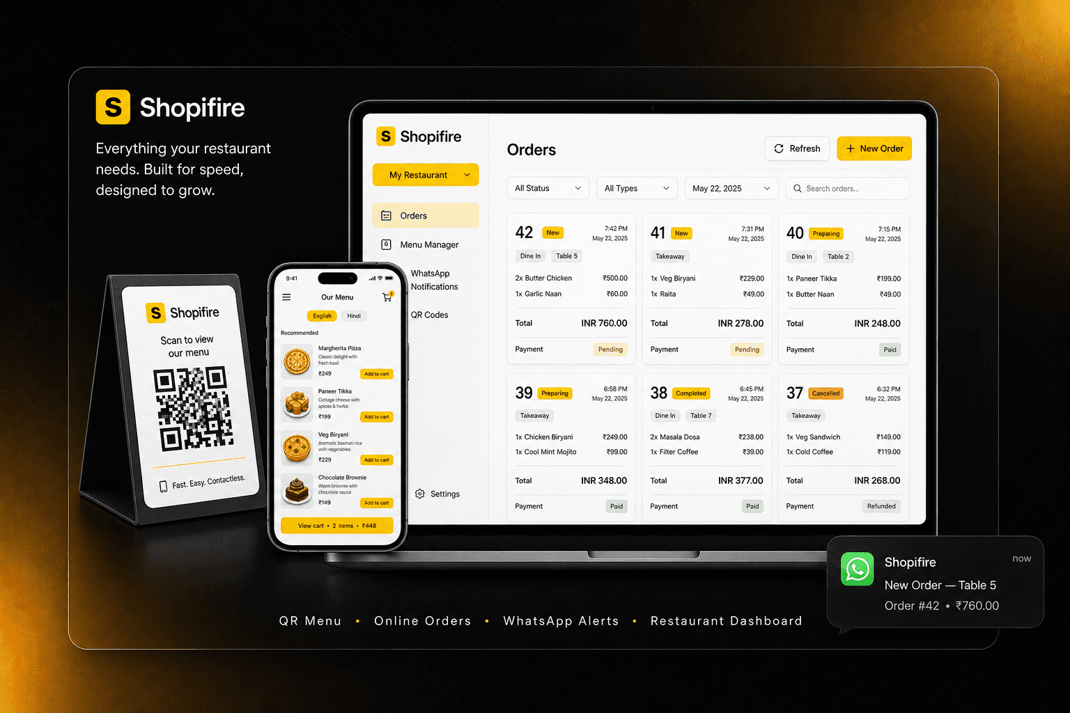 Shopifire product preview: QR menu on phone, restaurant orders dashboard, and WhatsApp order alerts